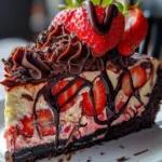 Delicious chocolate strawberry cheesecake topped with fresh strawberries