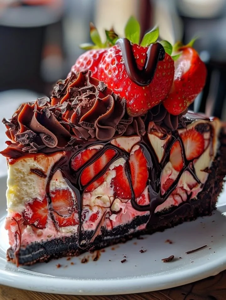 Delicious chocolate strawberry cheesecake topped with fresh strawberries
