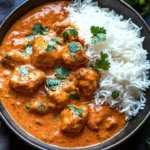 Delicious Indian Butter Chicken served with naan and rice in a vibrant dish.
