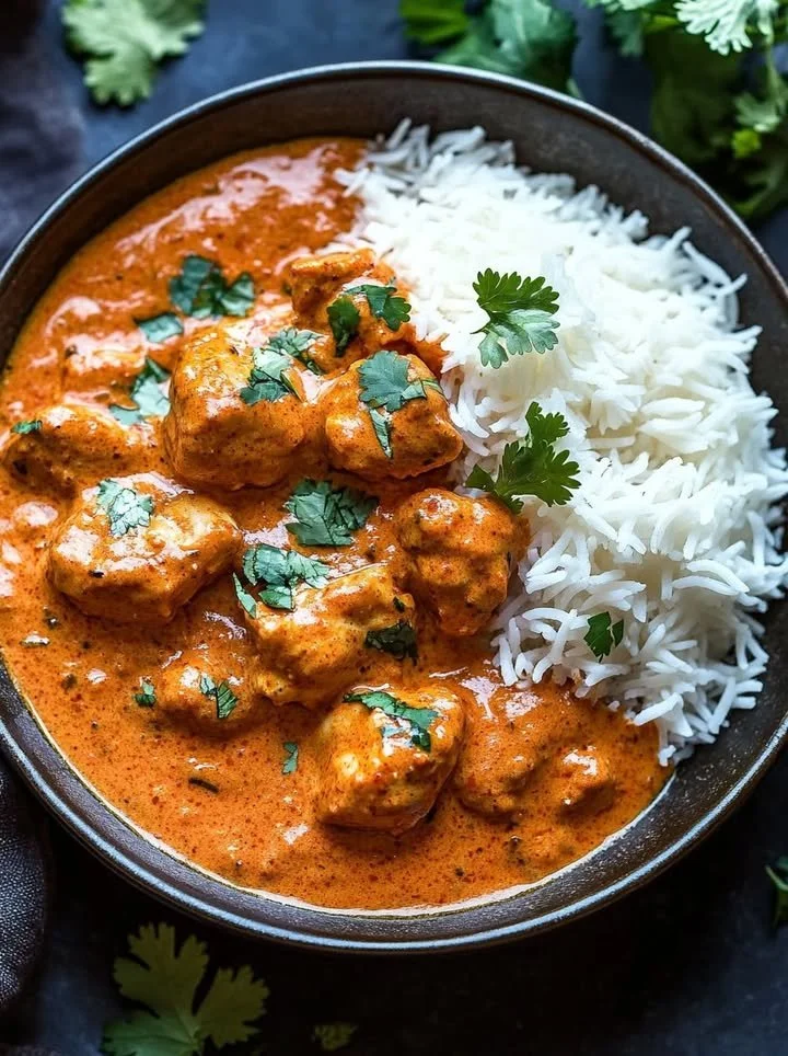 Delicious Indian Butter Chicken served with naan and rice in a vibrant dish.