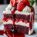Decadent red velvet cheesecake topped with strawberries on a beautiful plate