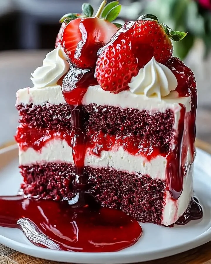 Decadent red velvet cheesecake topped with strawberries on a beautiful plate