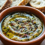 Delicious olive oil bread dip served with rustic bread.