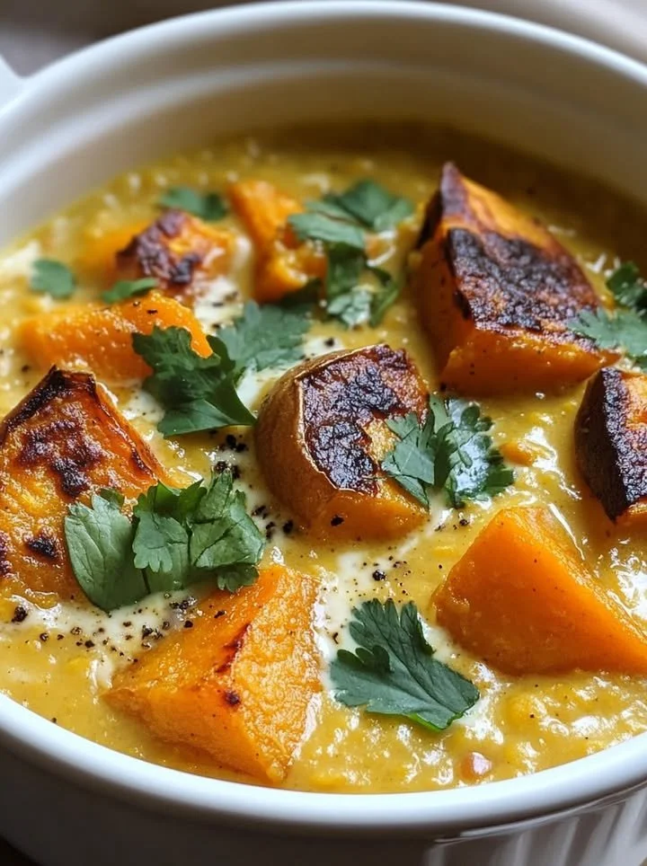 Delicious bowl of red lentil dhal with coconut and sweet potato