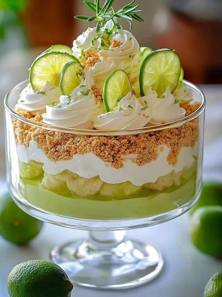 Delicious Key Lime Pie Trifle with layers of creamy lime filling and crust