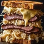 Kielbasa Reuben sandwich with sauerkraut and Swiss cheese