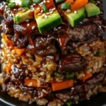 Korean BBQ Beef Rice Stack topped with fresh vegetables and sesame seeds