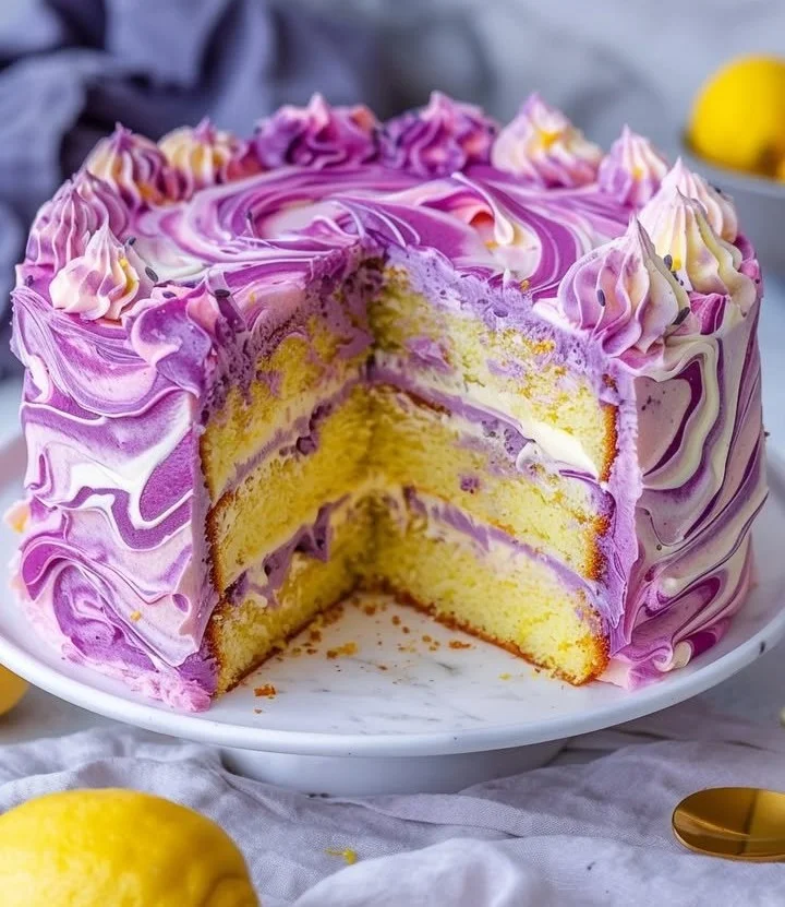 Lavender Lemon Cream Cake with white chocolate frosting, beautifully decorated and presented.