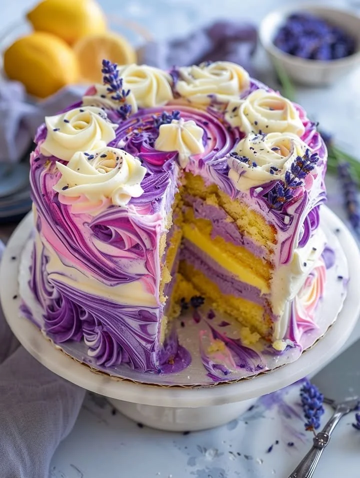 Lavender Lemon Cream Cake topped with white chocolate frosting on a decorative plate.