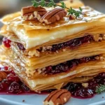 Layered phyllo pastry with brie, cranberry, and pecans on a rustic platter