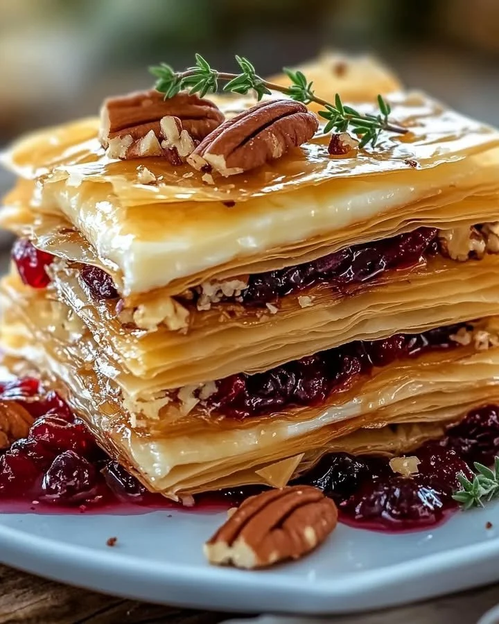 Layered phyllo pastry with brie, cranberry, and pecans on a rustic platter
