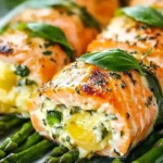 Lemon Basil Salmon Rolls served on a plate, garnished with fresh basil.