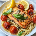 Lemon Basil Salmon served with roasted tomato pasta on a plate
