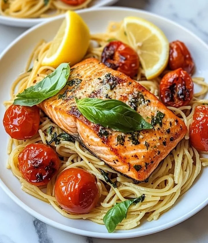 Lemon Basil Salmon served with roasted tomato pasta on a plate