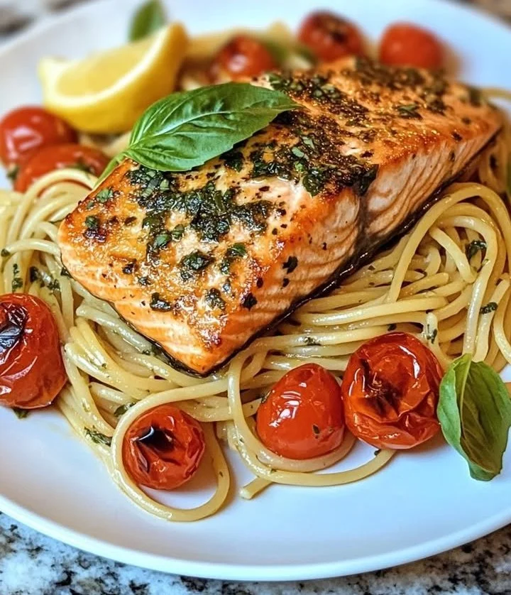 Delicious Lemon Basil Salmon served with roasted tomato pasta for a healthy meal.