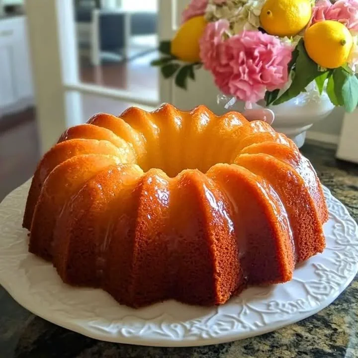 Deliciously moist Lemon Bundt Cake with a glossy glaze on top