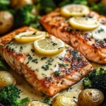 Plate of lemon butter salmon served with crispy potatoes and broccoli