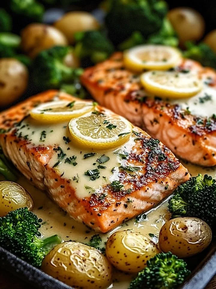 Plate of lemon butter salmon served with crispy potatoes and broccoli