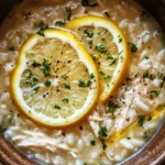 Bowl of Lemon Chicken and Rice Soup garnished with fresh herbs