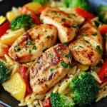 Lemon Chicken and Veggie Orzo Stir Fry served in a bowl with fresh herbs