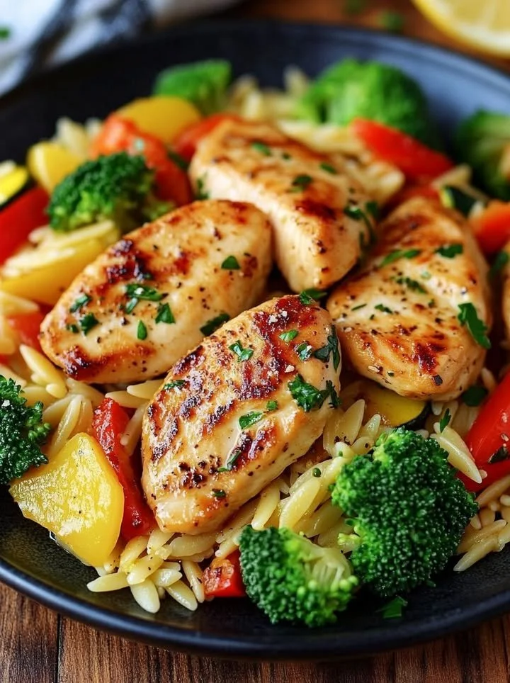 Lemon Chicken and Veggie Orzo Stir Fry served in a bowl with fresh herbs