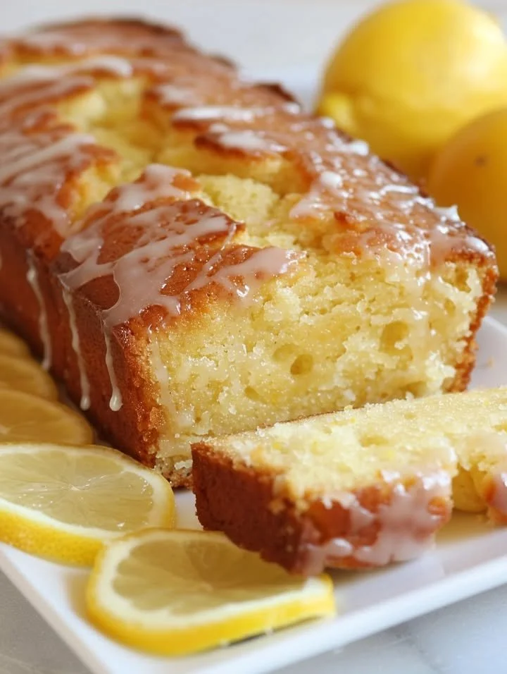 Sliced Lemon Drizzle Cake topped with lemon glaze