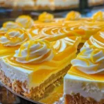 Slice of Lemon Mango Swirl Cheesecake with vibrant flavors and creamy texture