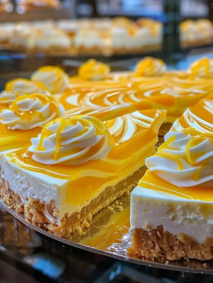 Slice of Lemon Mango Swirl Cheesecake with vibrant flavors and creamy texture