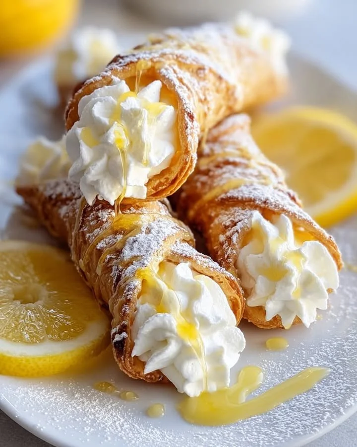 Lemon Meringue Pie Cannoli filled with zesty lemon cream and topped with meringue