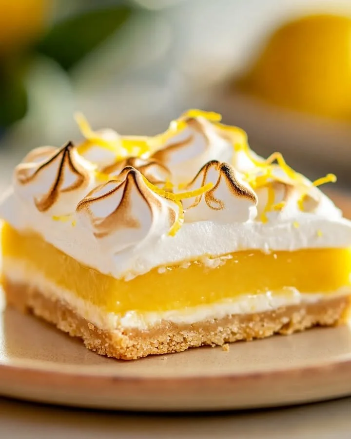 Lemon meringue tart bars with a golden meringue topping and lemon filling