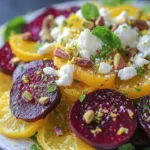 Lemon and Pistachio Roasted Beet Salad garnished with fresh herbs and nuts