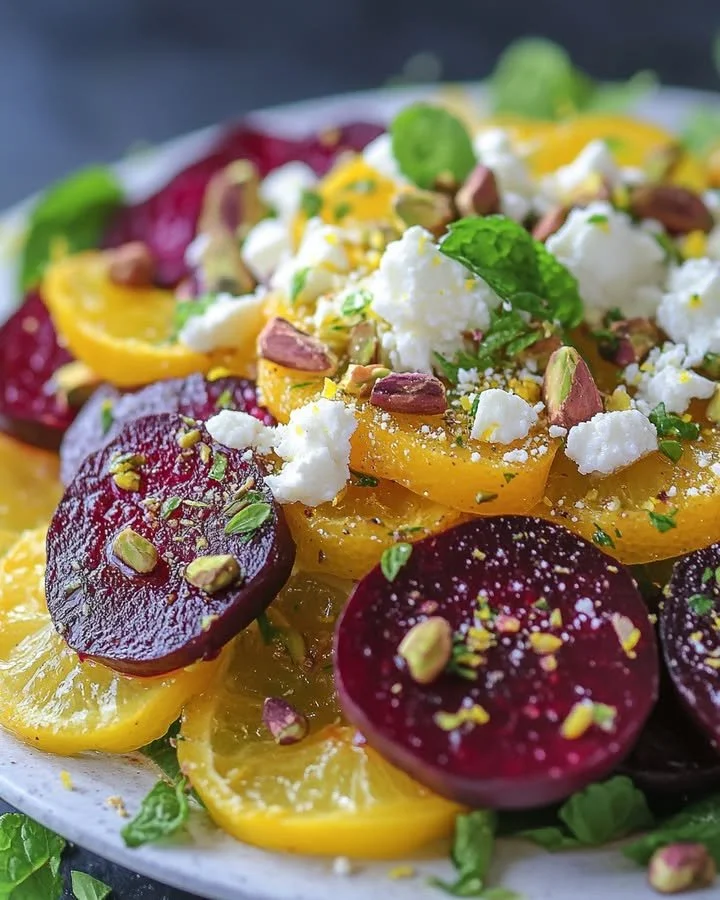 Lemon and Pistachio Roasted Beet Salad garnished with fresh herbs and nuts