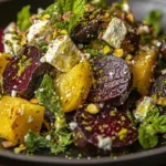 Lemon & Pistachio Roasted Beet Salad in a bowl, garnished with fresh herbs.