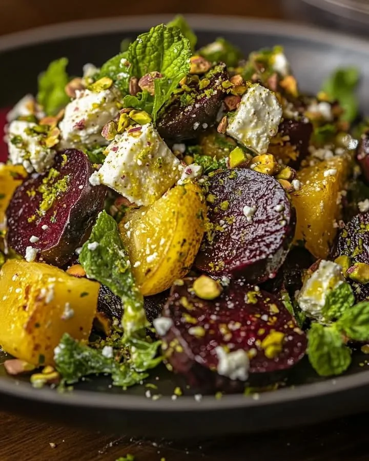 Lemon & Pistachio Roasted Beet Salad in a bowl, garnished with fresh herbs.