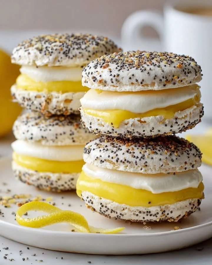 Lemon and poppy seed meringue sandwiches on a white plate