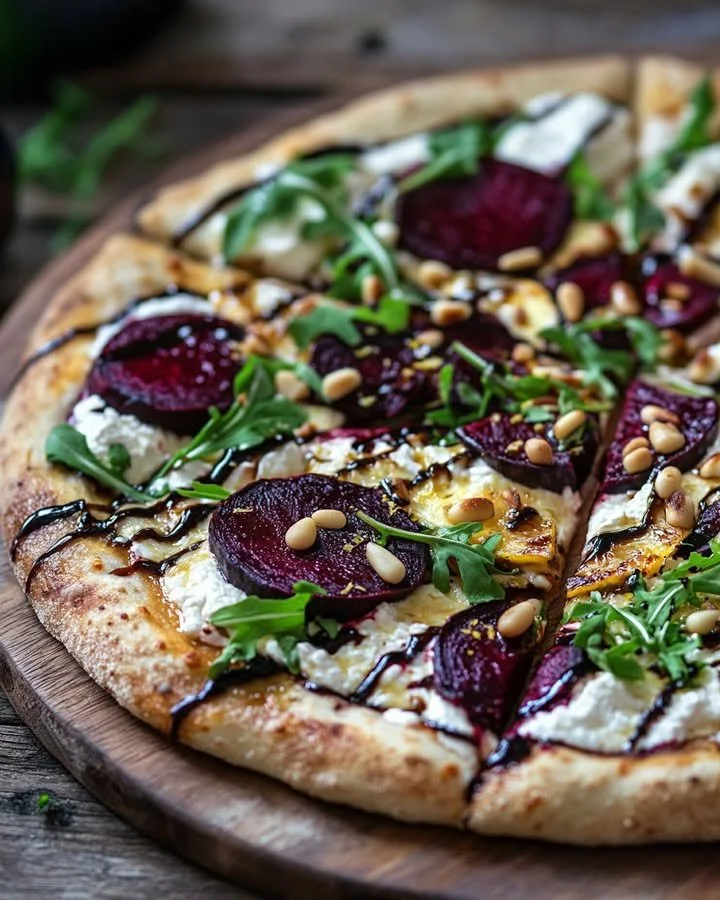 Lemon and Roasted Beet Ricotta Pizza with colorful toppings.