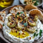 Lemon whipped ricotta dish with charred artichokes and toasted pine nuts