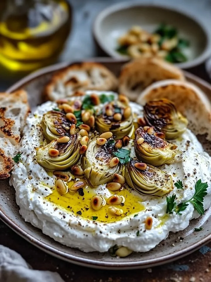 Lemon whipped ricotta dish with charred artichokes and toasted pine nuts