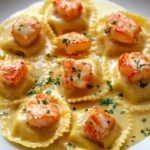 Plate of lobster ravioli topped with zesty lemon butter sauce.