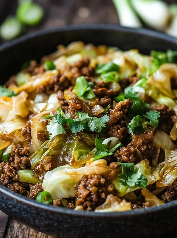 Delicious low-carb Mongolian ground beef served with cabbage