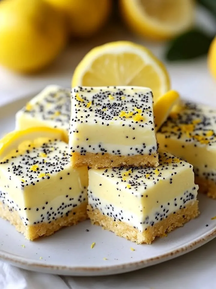 Low sugar lemon poppy seed Greek yogurt bars on a plate