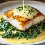 Lemon-garlic sea bass dish with creamed spinach on a plate