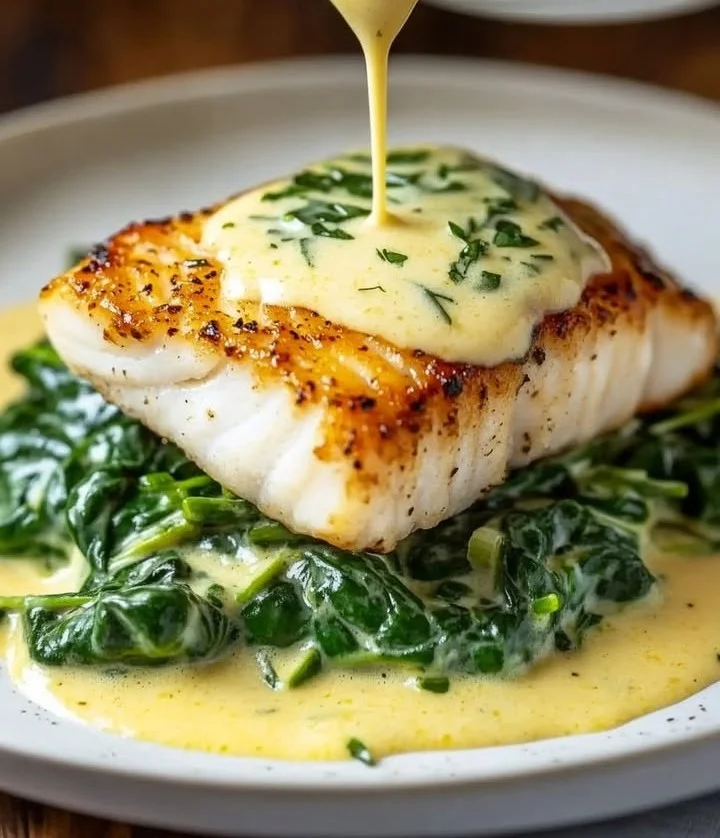Lemon-garlic sea bass dish with creamed spinach on a plate