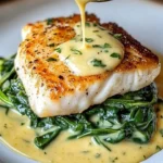 Lemon-garlic sea bass served with creamed spinach.