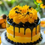 Luscious lemon mango swirl cheesecake topped with fresh mango slices and lemon zest