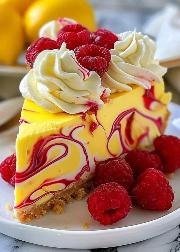 Luscious lemon raspberry swirl cheesecake with a creamy texture and vibrant colors.