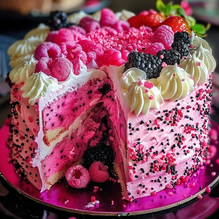 Luscious pink dragon fruit layer cake with creamy frosting and colorful fruit topping