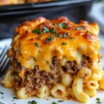 Mac and Cheese Meatloaf Casserole in a baking dish, topped with cheese
