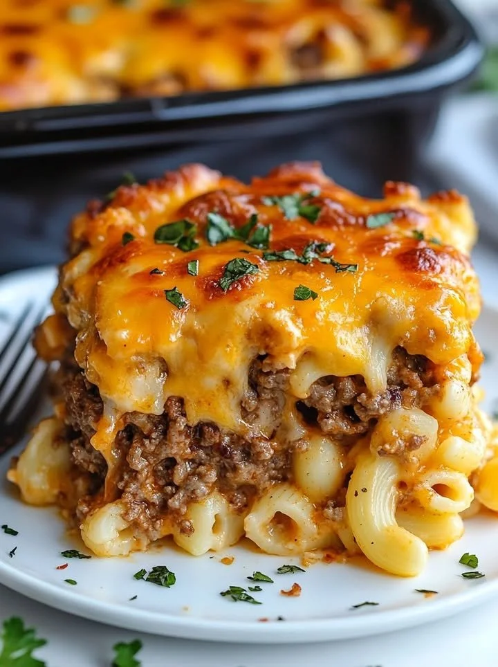 Mac and Cheese Meatloaf Casserole in a baking dish, topped with cheese