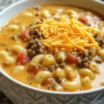 Bowl of creamy Macaroni Cheeseburger Soup topped with cheese and herbs